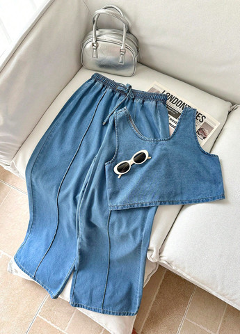 Голубой летний костюм (топ, джинсы) SHEIN