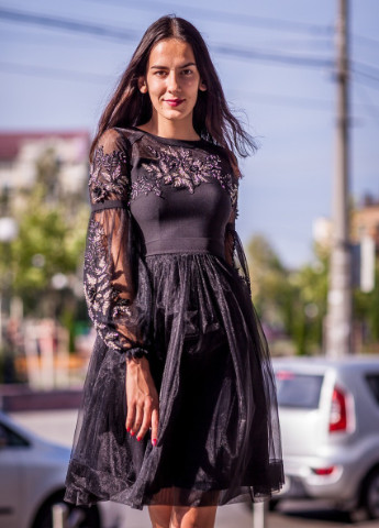 Черное вечернее платье а-силуэт, с юбкой-солнце, колокол FashionYouWant однотонное