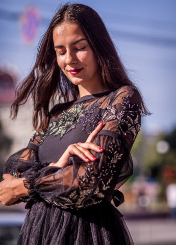 Черное вечернее платье а-силуэт, с юбкой-солнце, колокол FashionYouWant однотонное