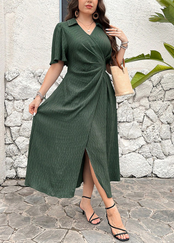 Темно-зелена вечірня, святковий, кежуал сукня на запах, а-силует SHEIN однотонна