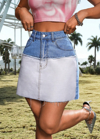 Разноцветная джинсовая колор блок юбка SHEIN а-силуэта (трапеция)