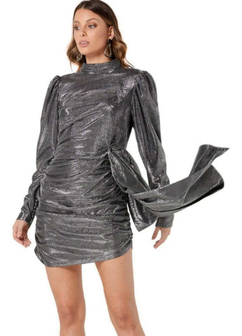 Серебряное вечернее серебристое мини платье с длинными рукавами с открытой спиной, футляр Elliatt однотонное