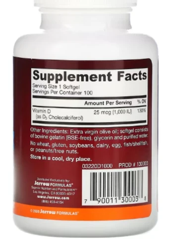 Вітамін Д3 Vitamin D3 25 mcg 100 softgels Jarrow Formulas (254444401)