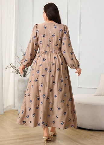 Бежевое кэжуал платье а-силуэт SHEIN с цветочным принтом