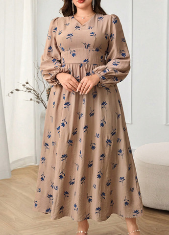 Бежевое кэжуал платье а-силуэт SHEIN с цветочным принтом