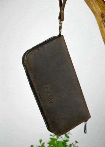 Кожаный портмоне на молнии зиппер. Кошелёк из натуральной кожи коричневый винтажный на ремешке. Teo Kozhanty (252315371)