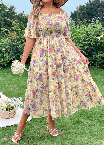 Желтое кэжуал платье в стиле ампир, клеш SHEIN розы