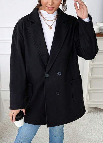 Чорне демісезонне Пальто двобортне SHEIN