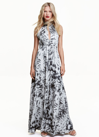 Серое кэжуал платье клеш, с открытой спиной H&M с абстрактным узором