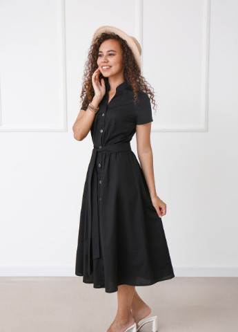 Черное кэжуал длинное коттоновое платье на пуговицах Fashion Girl однотонное