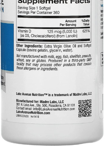 Вітамін Д3 Vitamin D3 1000 IU 360 softgels Lake Avenue Nutrition (254522472)