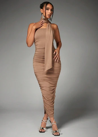 Бежева святковий, вечірня сукня силуетна, бандо SHEIN однотонна