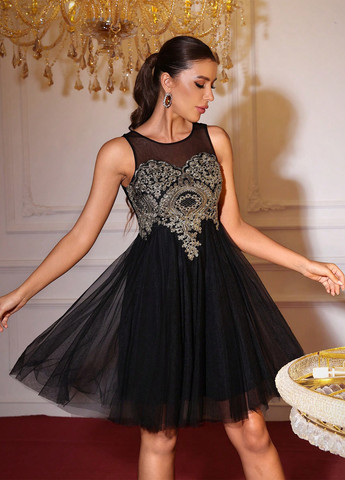 Чорна вечірня, святковий сукня а-силует, бебі долл SHEIN однотонна