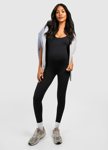 Комбинезон для беременных Boohoo комбинезон-брюки однотонный чёрный кэжуал, спортивный полиамид, трикотаж