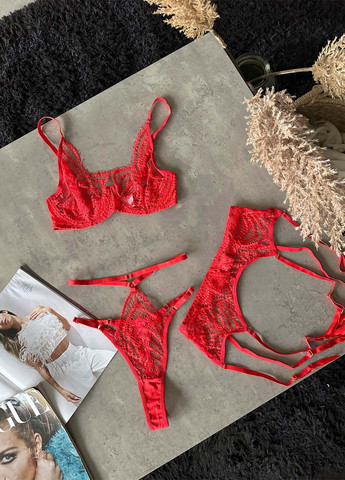 Червоний демісезонний комплект (бюстгальтер, трусики, пояс, гартери) NOVA VEGA