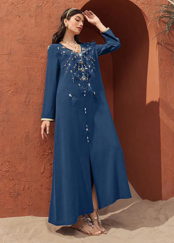 Сіро-синя вечірня сукня а-силует SHEIN з квітковим принтом