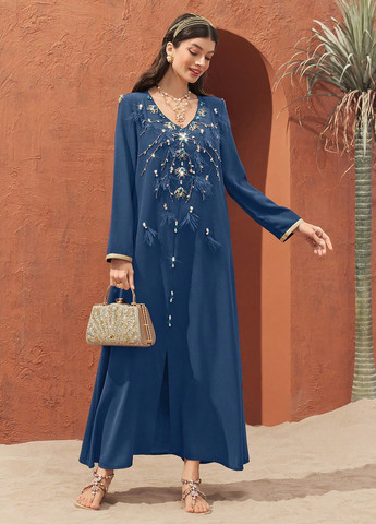 Сіро-синя вечірня сукня а-силует SHEIN з квітковим принтом