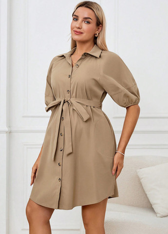 Темно-бежевое кэжуал платье для беременных рубашка SHEIN однотонное
