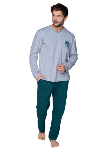 Пижама (лонгслив, брюки) Key лонгслив + брюки однотонная зелёная домашняя хлопок