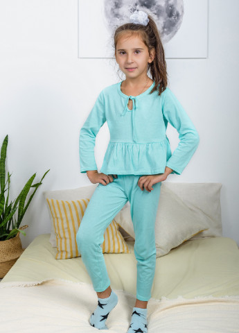Бирюзовая всесезон пижама распашонка для девочки легкая рубашка + брюки Marselin