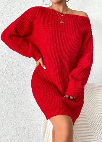 Красное кэжуал платье платье-свитер SHEIN однотонное