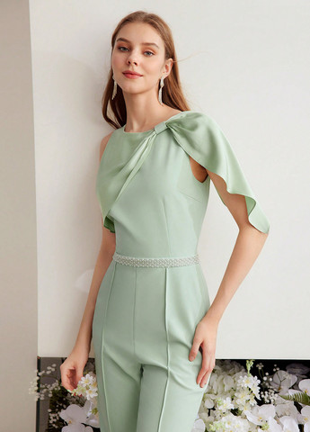 Комбінезон SHEIN комбінезон-брюки однотонний світло-зелений святковий, вечірній поліестер