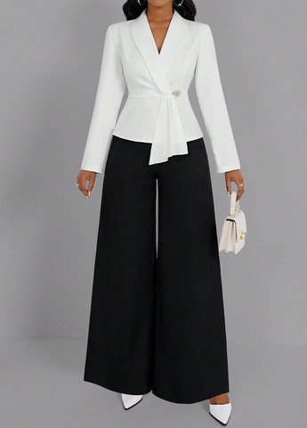 Чорно-білий демісезонний комплект (блуза, штани) SHEIN