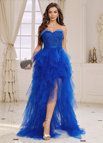 Індиго святковий, вечірня сукня зі шлейфом, з корсетом, з відкритою спиною, з відкритими плечима SHEIN однотонна