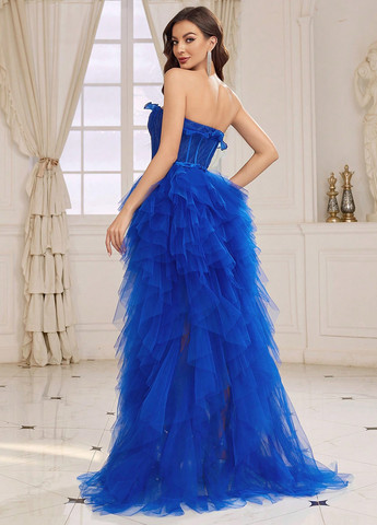 Індиго святковий, вечірня сукня зі шлейфом, з корсетом, з відкритою спиною, з відкритими плечима SHEIN однотонна