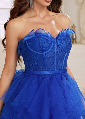 Індиго святковий, вечірня сукня зі шлейфом, з корсетом, з відкритою спиною, з відкритими плечима SHEIN однотонна