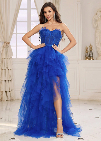 Індиго святковий, вечірня сукня зі шлейфом, з корсетом, з відкритою спиною, з відкритими плечима SHEIN однотонна