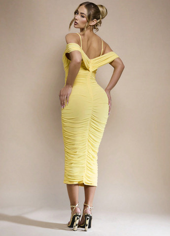 Жовтий вечірня, святковий сукня футляр, з відкритими плечима SHEIN однотонна