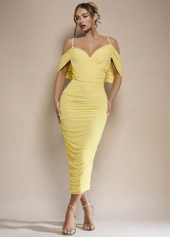 Жовтий вечірня, святковий сукня футляр, з відкритими плечима SHEIN однотонна