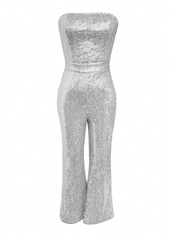 Комбинезон SHEIN комбинезон-брюки однотонный серебряный вечерний полиэстер