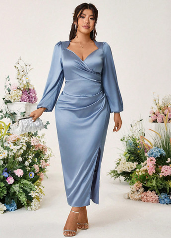 Синее кэжуал платье на запах SHEIN однотонное