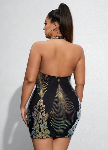 Черное коктейльное платье с открытой спиной SHEIN с абстрактным узором