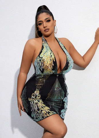 Черное коктейльное платье с открытой спиной SHEIN с абстрактным узором