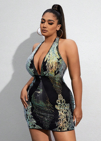 Черное коктейльное платье с открытой спиной SHEIN с абстрактным узором