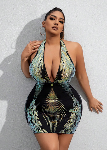 Черное коктейльное платье с открытой спиной SHEIN с абстрактным узором