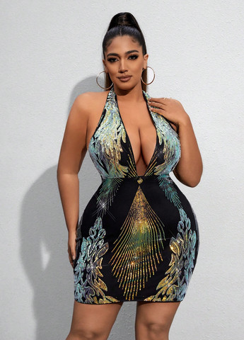 Черное коктейльное платье с открытой спиной SHEIN с абстрактным узором