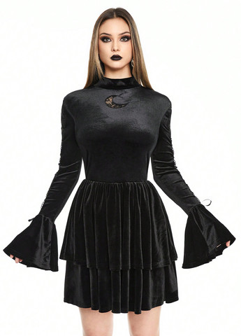 Чорна святковий, вечірня, кежуал сукня з спідницею-сонце, а-силует SHEIN однотонна