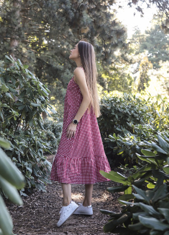 Красное повседневный платье - трапеция, сарафан на бретелях INNOE в клетку