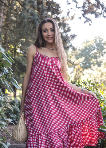 Красное повседневный платье - трапеция, сарафан на бретелях INNOE в клетку