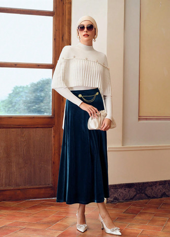 Морской волны вечерний, кэжуал однотонная юбка SHEIN клешированная