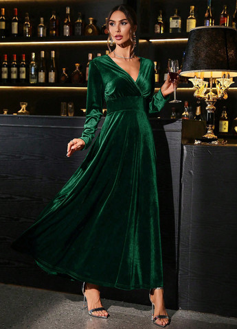 Темно-зелена вечірня сукня в стилі армпір SHEIN однотонна