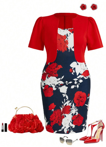 Комбинированное кэжуал платье футляр SHEIN с цветочным принтом