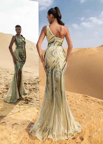 Кремова вечірня сукня силуетна, годе, зі шлейфом, на одне плече SHEIN з абстрактним візерунком