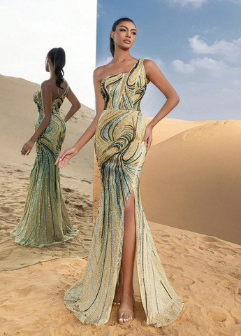 Кремова вечірня сукня силуетна, годе, зі шлейфом, на одне плече SHEIN з абстрактним візерунком