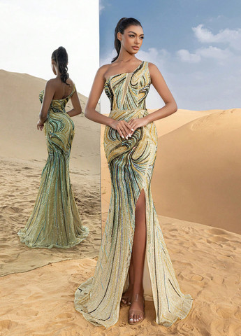 Кремова вечірня сукня силуетна, годе, зі шлейфом, на одне плече SHEIN з абстрактним візерунком