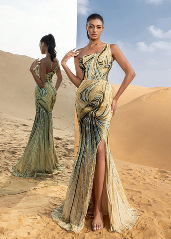 Кремова вечірня сукня силуетна, годе, зі шлейфом, на одне плече SHEIN з абстрактним візерунком